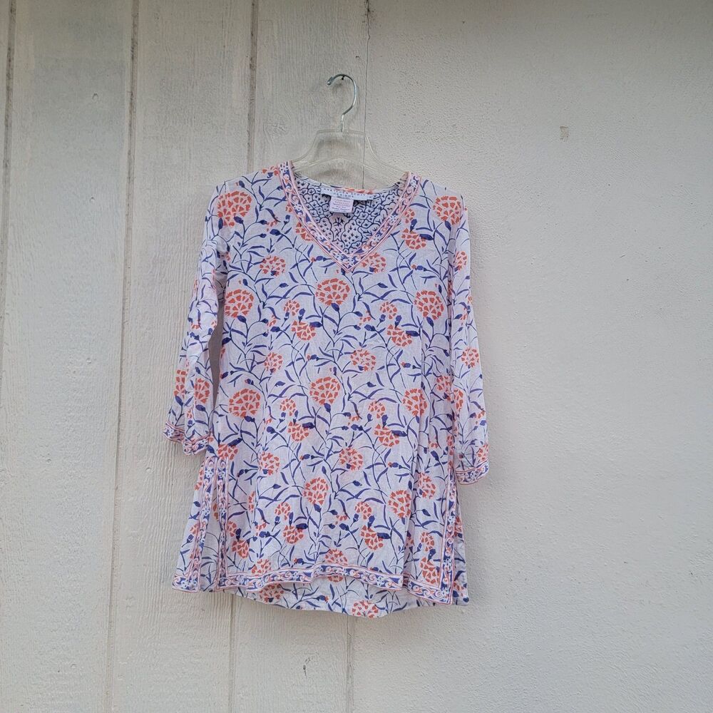 Gretchen scott designs floral cotton tunic top sz S blu/org/Wht coastal beachy